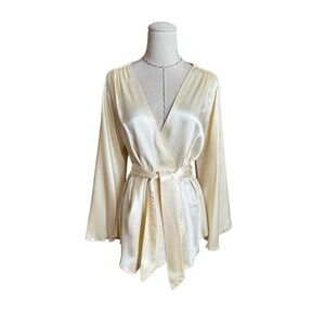 Vintage 70s Cream Satin Lace Wrap Top Blouse Jacket Boho Lingerie Bell Sleeves